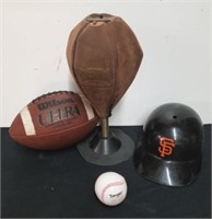Everlast punching bag, a football, baseball hat,
