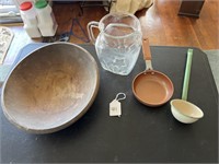 Wood Bowl, Glass Pitcher, Ladle and Copper