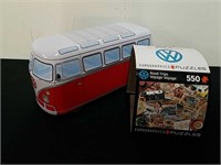 Cute tin VW bus with a 550 piece road trips
