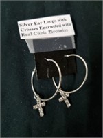 Silver ear loops with crosses encrusted with real