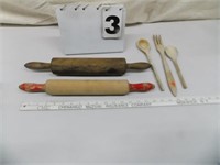 2 Wood Rolling Pin's With Wood Flat Ware