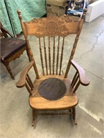 Wooden Rocking Chair w/Leather Seat - Needs Repair