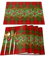 BURLAP PLACEMATS, CHRISTMAS POINSETTIA PINE