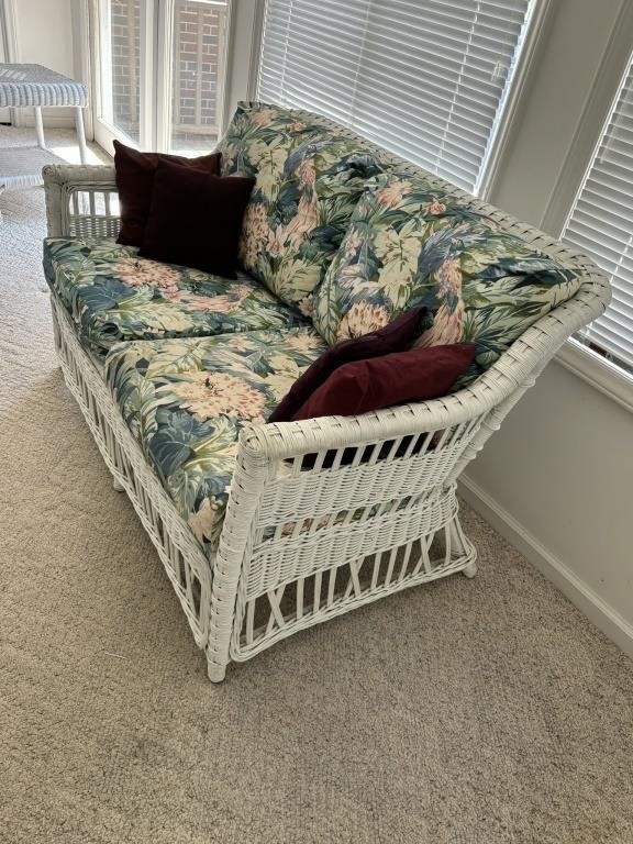 White Wicker Loveseat & 2 End Tables