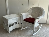 White Wicker Rocking Chair & Side Table