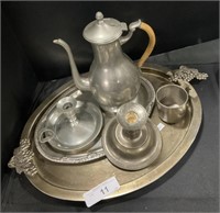 Metal & Pewter Trays, Pitcher, Candlestick