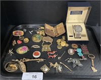 Seiko Quartz Wristwatch, Costume Brooches, Rings.