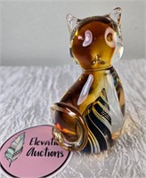Amber Colored Glass Cat with Blue White Swirl