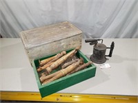 Vintage Blow Torch, Wooden Boxes, Wooden Legs