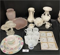 Stoneware Plates, Milk Glass Mugs, McCoy Tea Pot.