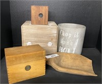 Vntg Address Box, Wooden Die&Scoop, Utensil Crock.