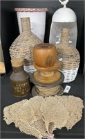 Wood Spools, Large Pottery Vase, Bird Cage.