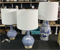 3 Blue & White Porcelain Lamps W/Shades.