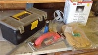 Plastic toolbox, leather gloves for men