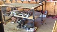 Rolling iron framed work bench w/vice, no contents