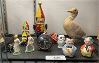 Wooden, German Clown Decor, Lead Toy Figures.