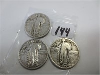 3 Standing Liberty silver quarters, 1925, 26, 27