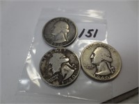 3 Washington silver quarters, 1940, 40-S, 36-S