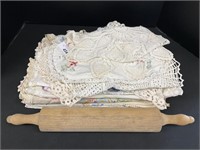 Large Rolling Pin, Assorted Doilies, Embroidery.