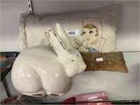 Early Embroidery Pillow, Pin Cushion Rabbit Decor.