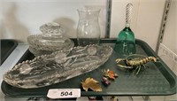Vntg Etched Glass, Brooches, Shrimp Trinket Box.