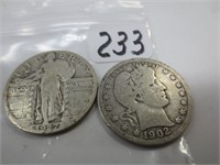 2 silver quarters, 1927 Standing, 1902 Barber