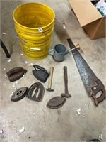 Bucket and assorted tools and n miscellaneous