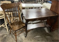 Nice Walnut Side Table & Carved Oak Chair.