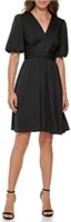 DKNY Women's Flounce Sleeve Fit and Flare, Black,