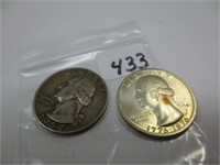 2 Washington silver quarters, 1938-D & 1976