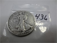 1937-D Walking Liberty silver half dollar, very