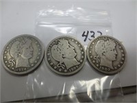 3 Barber silver quarters, 1902, 09, 14, good