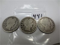 3 Barber silver quarters, 1892, 95, 1914-D