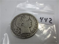 1900 Barber silver half dollar, very good
