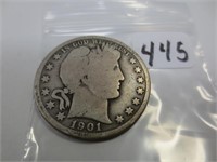 1901 Barber silver half dollar, good