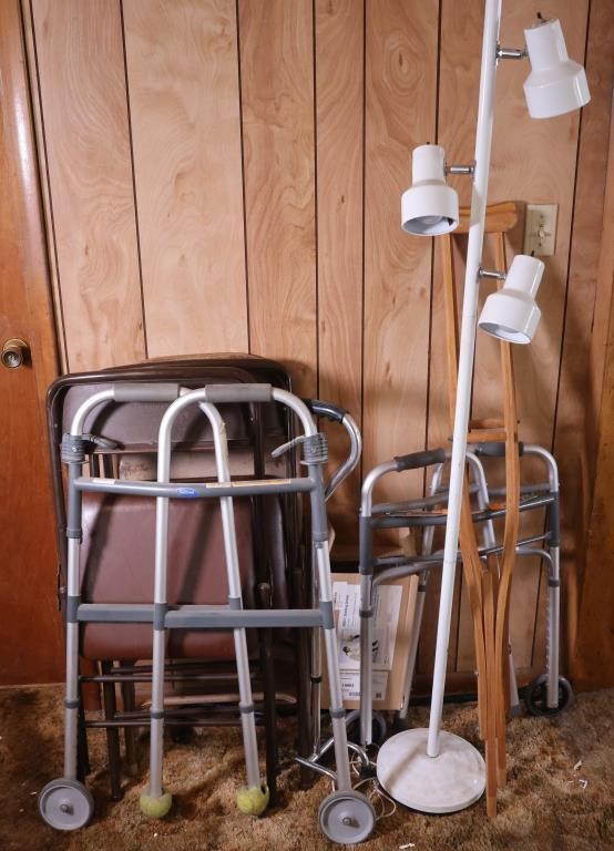 3 Folding Chairs, Walkers, Crutches, Floor Lamp