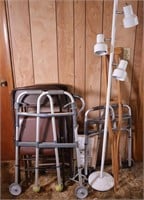 3 Folding Chairs, Walkers, Crutches, Floor Lamp