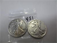 2 Walking Liberty silver half dollars, 1941, 42