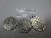 3 Walking Liberty silver halves, 1936, 38, 45