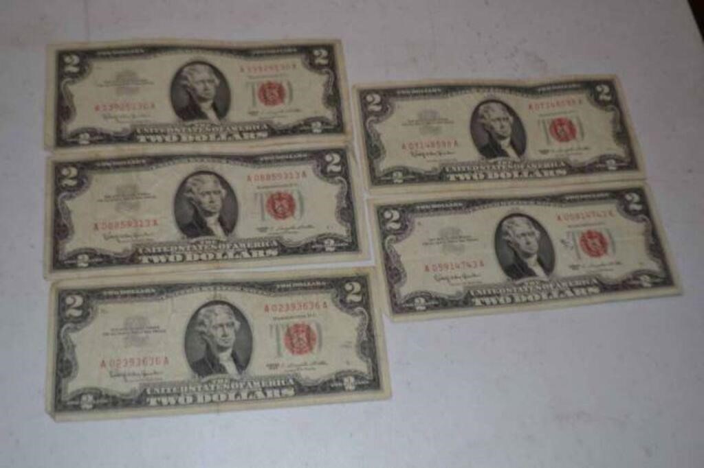 Five 1963 Red Seal $2 Bills