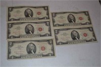 Five 1963 Red Seal $2 Bills