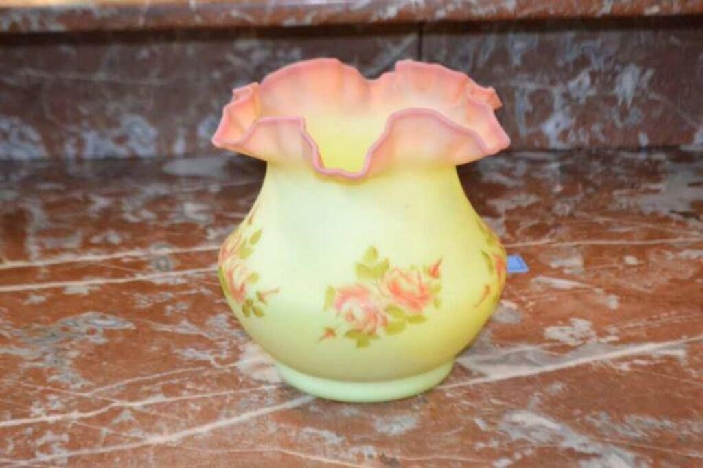 Fenton Burmese Glass Vase Hand Painted & Signed