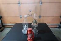 2 GLASS LANTERNS & 1 SMALL RED METAL LANTERN