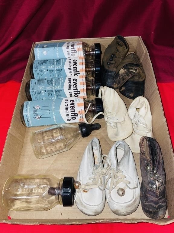 Vintage Baby Bottles / Baby Shoes Lot