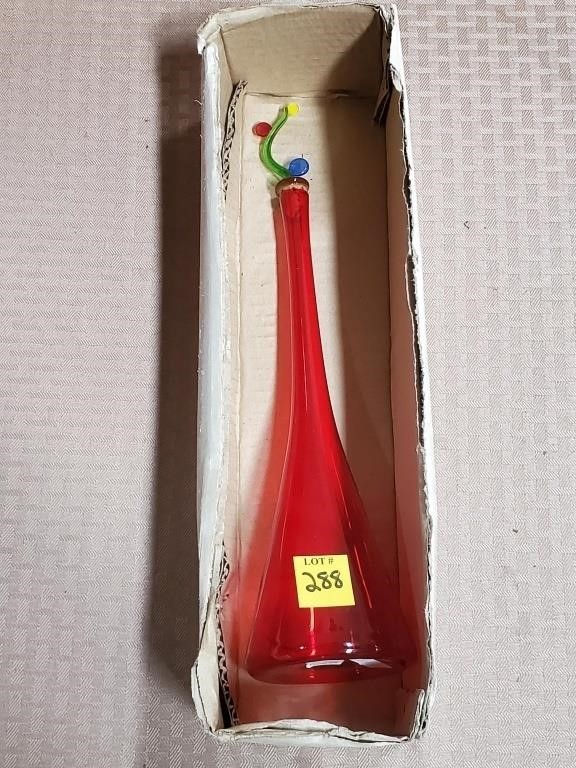 Red Art Glass Vial Shaped Vase w/ Box