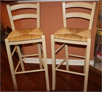 PAIR OF PAINTED BARSTOOLS WITH STRAW SEATS