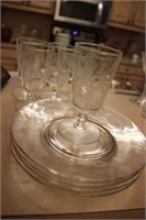 SET OF 7 ETCHED STEMWARE AND PLATES