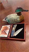 Vintage wooden duck, stainless bear knife in box