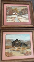 2 oil paintings, cabin in winter & summer