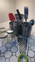 Metal utensil holders, utensils, grater, Kerr